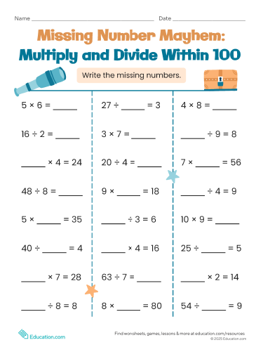 Missing Number Mayhem: Multiply & Divide Within 100